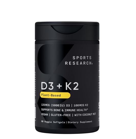 Sports ResearchÂ® Vitamin D3 + K2 w/ Coconut Oil - Vegan Vitamin D 5000iu & Mk7 Vitamin K 100mcg for Bone & Immune Support - Vegan Certified Â· Non-GMO Â· Soy Free - 60 Softgels