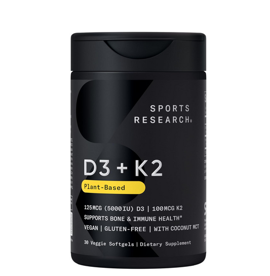 Sports ResearchÂ® Vitamin D3 + K2 w/Coconut Oil - Vegan Vitamin D 5000iu (125mcg) & Mk7 Vitamin K 100mcg for Bone & Immune Support - Vegan Certified Â· Non-GMO Â· Soy Free - 30 Softgels