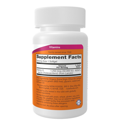 NOW Foods Supplements, Vitamin D-3 50,000 IU Softgels, 50 softgels