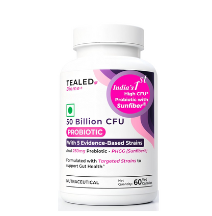 Tealed Probiotic 50 Billion CFU | 5 Targated Strains + SunfiberÂ® (PHGG) | Japanese Clinical Prebiotic | Supports Constipation, IBS, Immunity, Gut Health & Bloating | For Men & Women | 60 Veg Caps