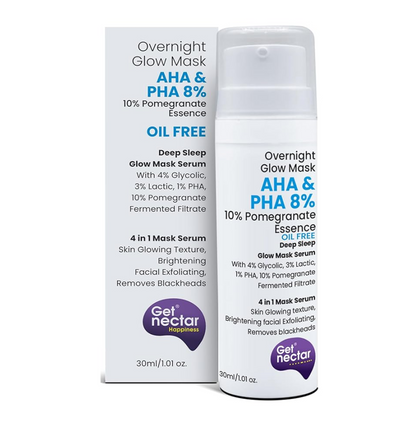 Get Nectar Happiness Overnight Glow Mask Aha & Pha 8% (Oil Free) with 10% Pomegranate Essence for Skin Glowing Texture, Brightening Facial Exfoliating, Removes Blackheads (30ml)