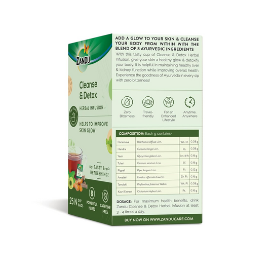 Zandu Cleanse & Detox Herbal Infusion: Use This Tea Bag To Give Your Body The Gift Of Good Health |Helps Improve Skin Glow & Detoxifies The Body (25 Tea Bags), Green Tea, 90 Gram