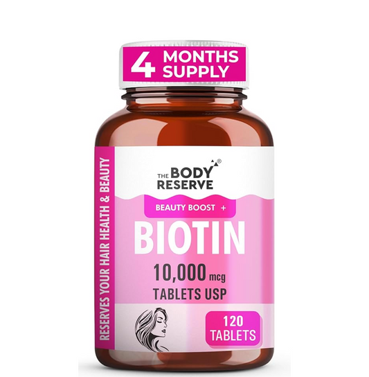 The Body Reserve Biotin 10000mcg 120 Veg Tabs, Biotin Tablets For Hair, Skin & Nails, Hair Vitamins biotin Supplement For Men & Women 4 Monthâ€™s Supply Pack