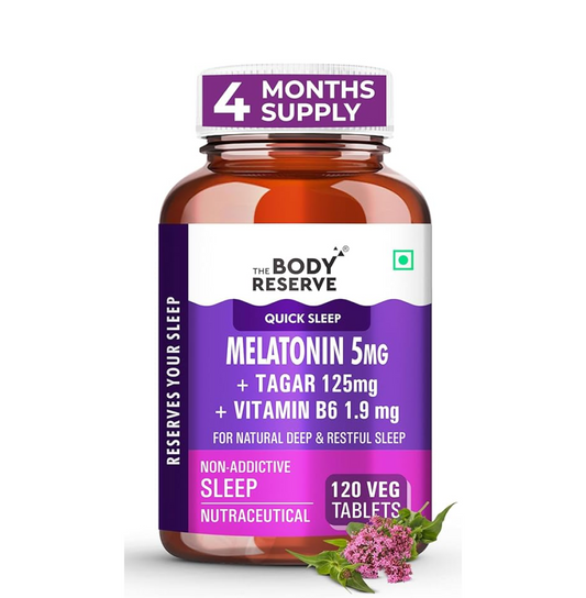 The Body Reserve Melatonin 5mg with Tagar 125mg - 120 Veg Tablets for Natural Sleep Aid, Muscle Recovery, Nerve Relaxation, and Stress Relief - Non-Habit Forming Sleep Aid for Men & Women