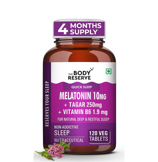 The Body Reserve Melatonin 10mg with Tagar 250mg - 120 Veg Tablets for Natural Sleep Aid, Muscle Recovery, Nerve Relaxation, and Stress Relief - Non-Habit Forming Sleep Aid for Men & Women.