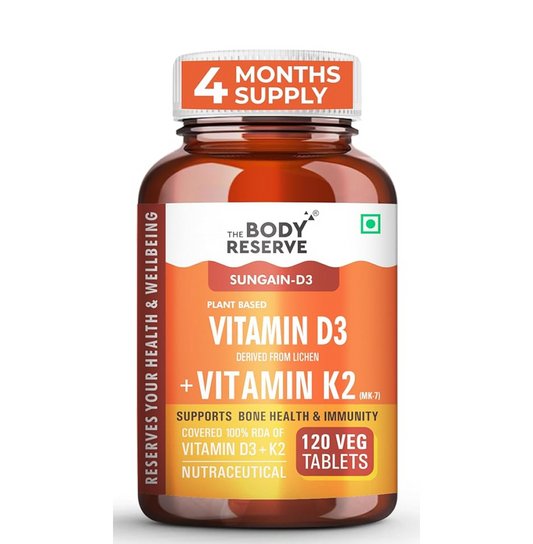 The Body Reserve Vitamin D3 K2 MK7-120 Veg Tablets, 100% RDA Plant-Based Vitamin D3 Supplement from Lichen Source with Vitamin K2 as MK7 Menaquinone