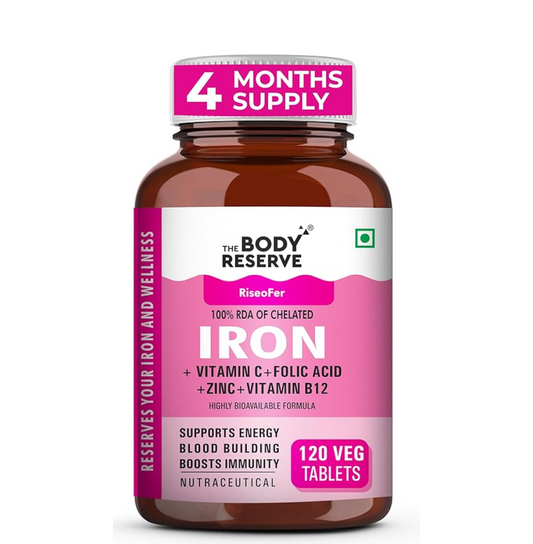 The Body Reserve Chelated Iron + Vitamin C Tablets-120 capsules with Vitamin B12,Zinc,Folic Acid,Beetroot Extract-High Absorption,Supports Blood Building,Energy & Immunity,100% RDA,1 count