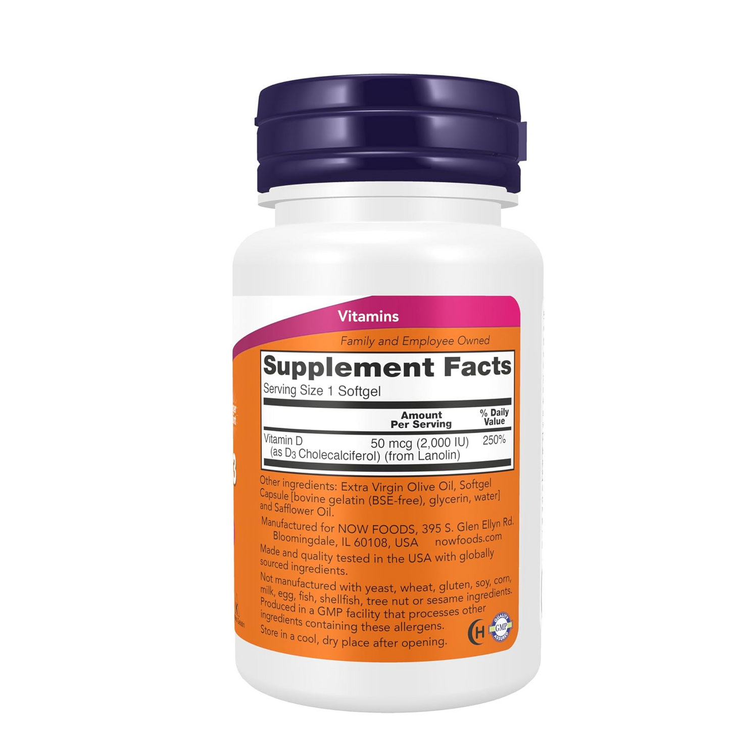 NOW Foods Supplements, Vitamin D-3 2,000 IU, High Potency, Structural Support*, 240 Softgels