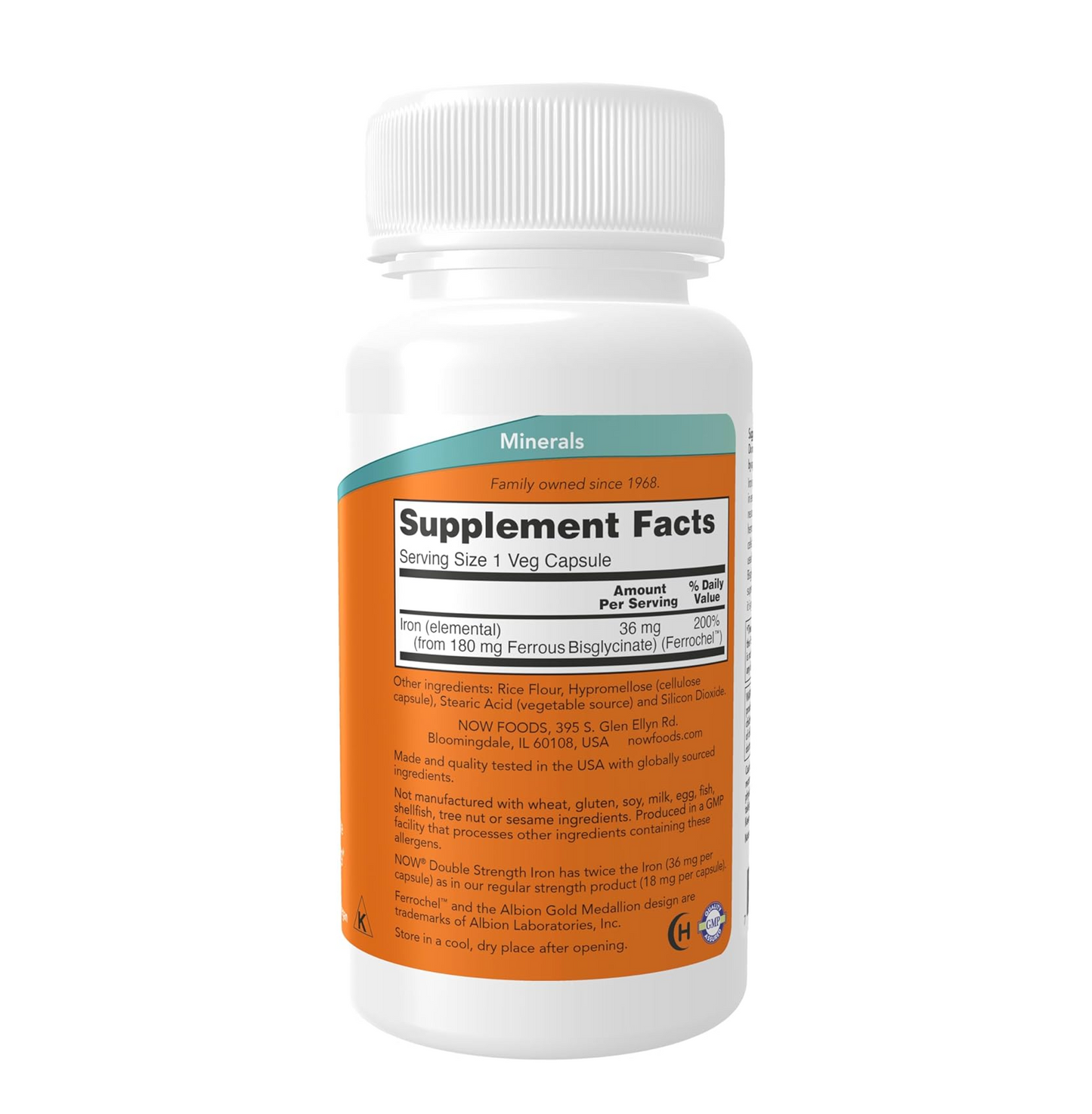NOW Supplements, Iron 36 mg, Double Strength, Non-Constipating*, Essential Mineral, 90 Veg Capsules