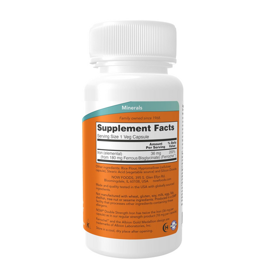 NOW Supplements, Iron 36 mg, Double Strength, Non-Constipating*, Essential Mineral, 90 Veg Capsules