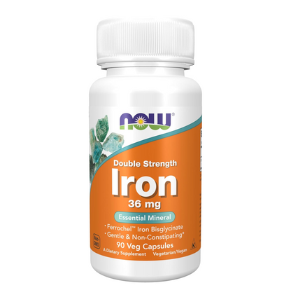 NOW Supplements, Iron 36 mg, Double Strength, Non-Constipating*, Essential Mineral, 90 Veg Capsules