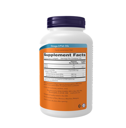NOW Foods Supplements, Omega-3 180 EPA / 120 DHA, Molecularly Distilled, Cardiovascular Support*, 200 Softgels