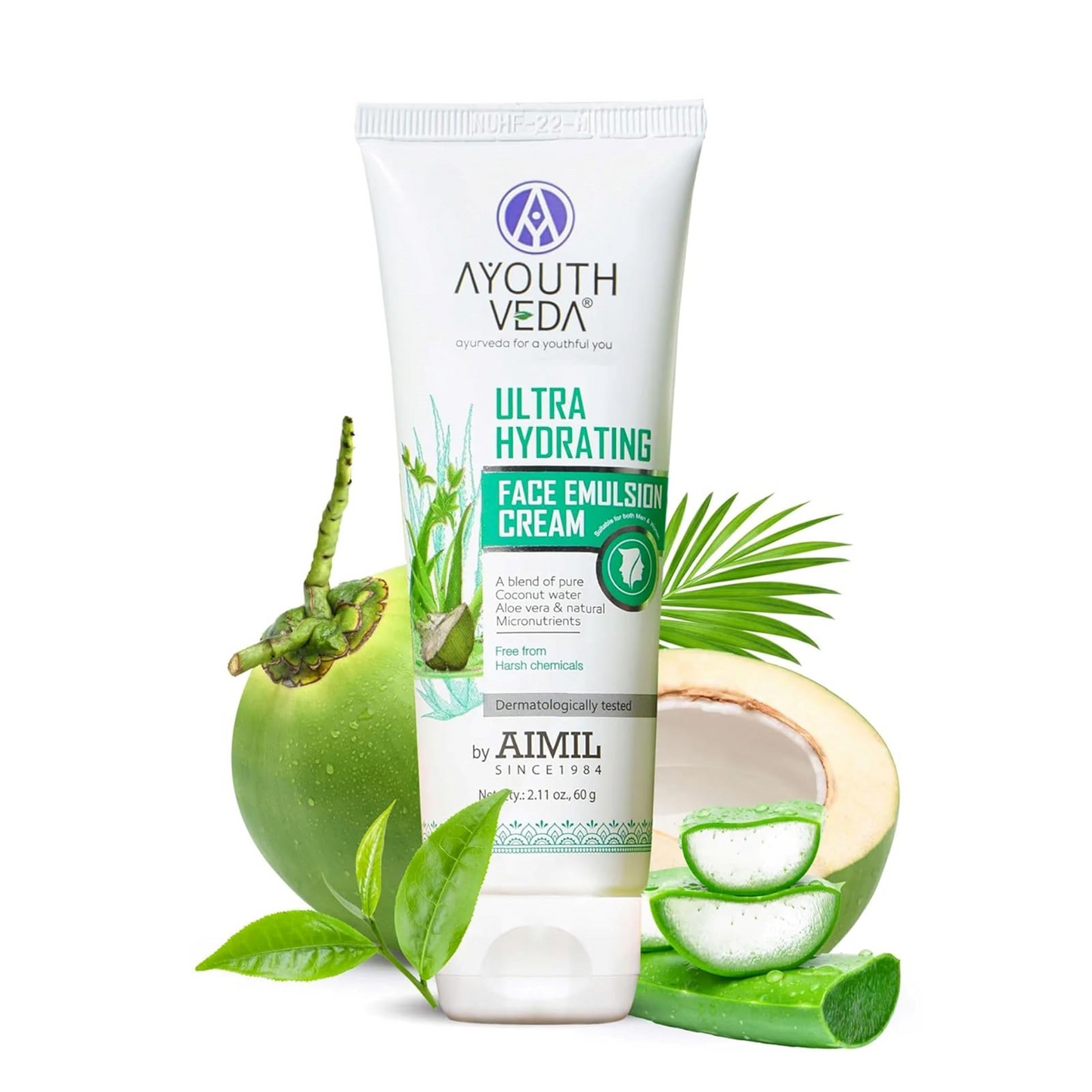 Ayouthveda Ultra Hydrating Face Emulsion Cream | Natureâ€™s Goodness for 24 hours Hydration | Moisturizes, Tones, and Brightens Skin | Prevent Dark spots, Blackheads and Blemishes | With Coconut Water, Aloe Vera, and Green Tea - (Pack Of 1; 60G)