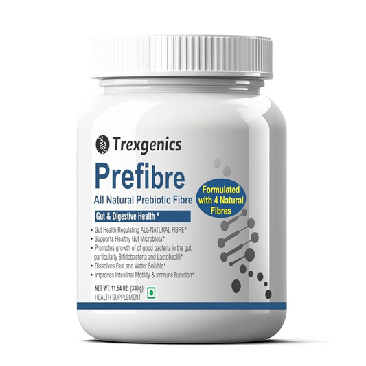 Trexgenics PREFIBRE 4X Natural PREBIOTIC FIBRES -Digestive & Gut Health Support, Frutafit HD Inulin, Fossence Fructooligosaccharides, Sunfiber PHGG & Gum Acacia Fibre, VEGETARIAN(330 gram) (Pack of 1)