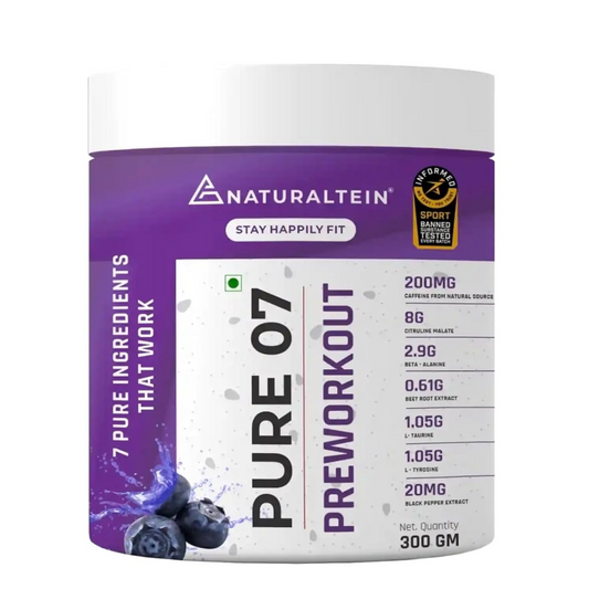 NATURALTEIN PURE-07 Vegan Pre-Workout â€“ Blueberry Blast | Clean Energy & Focus | 300g Powder | 21 Power-Packed Servings