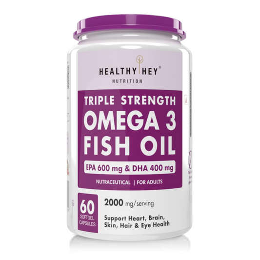 HealthyHey Nutrition Fish Oil Omega 3 For Women and Men | Triple Strength Fish Oil | Burpless, EPA 600 - DHA 400 Supplement , 60 Softgel