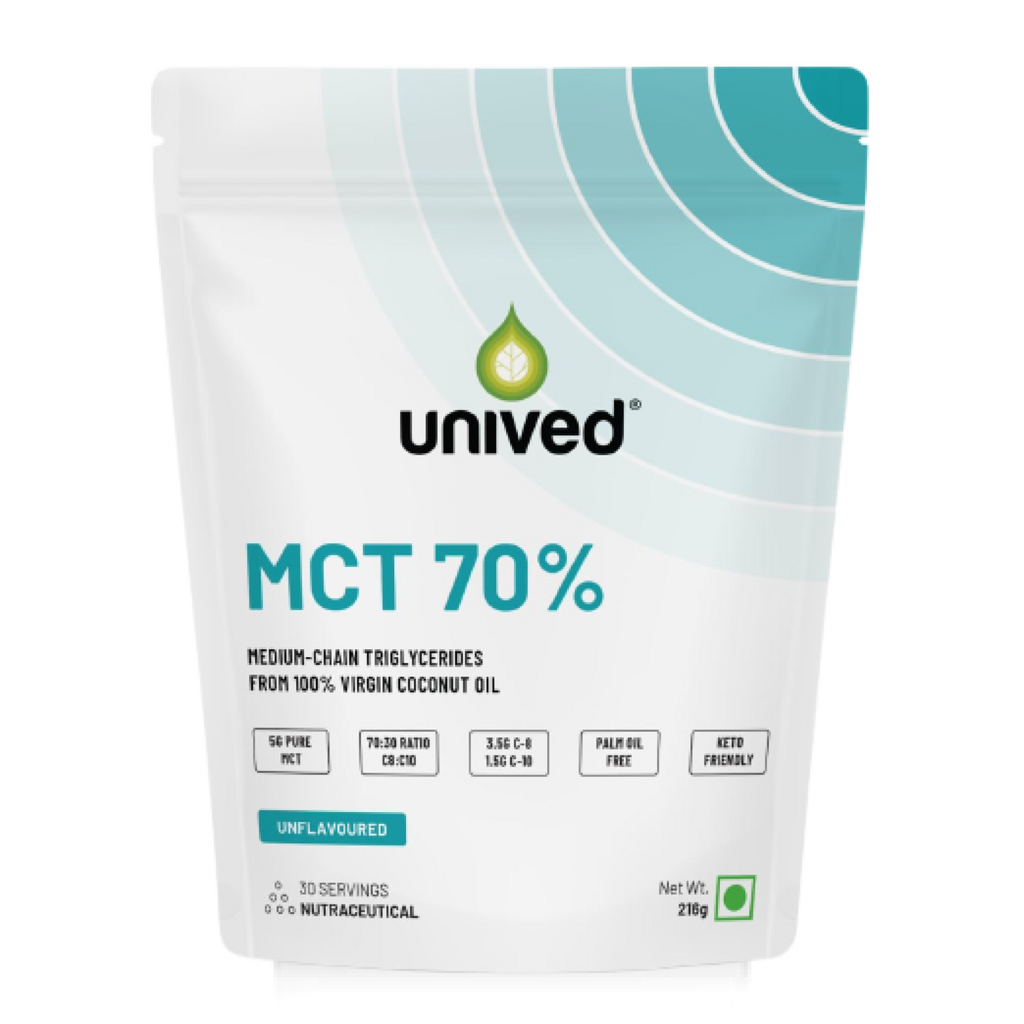 Unived MCT 70% | Medium Chain Triglyceride Oil Powder | Clean Energy Fuel | Pure MCT 5g with C-8: 3528mg & C-10: 1512mg in a 70:30 ratio | Vegan & Keto Friendly | 30 Servings