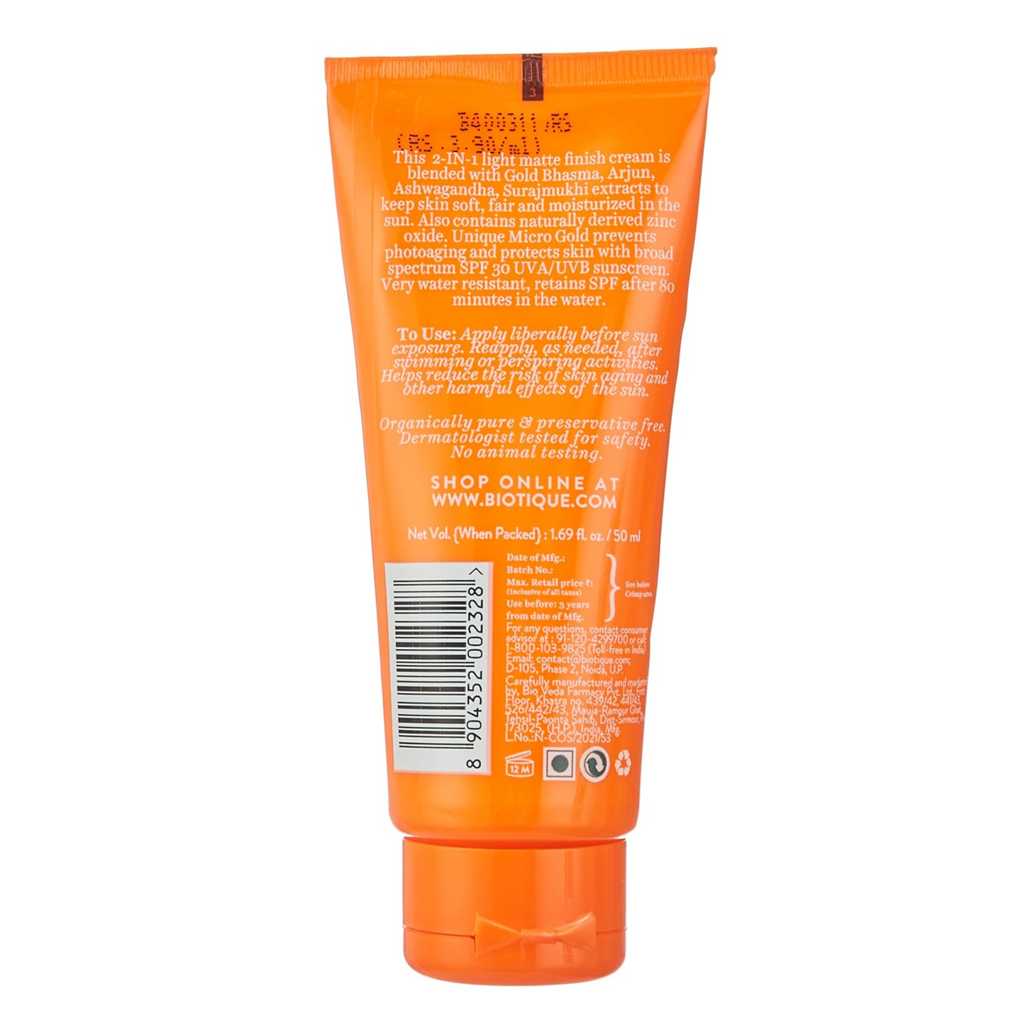 Biotique Sun Shield Micro Gold 30+Spf Matte Cream Sunscreen Ulra Protective Oil Control For Normal Skin, 50Ml, Pack Of 1