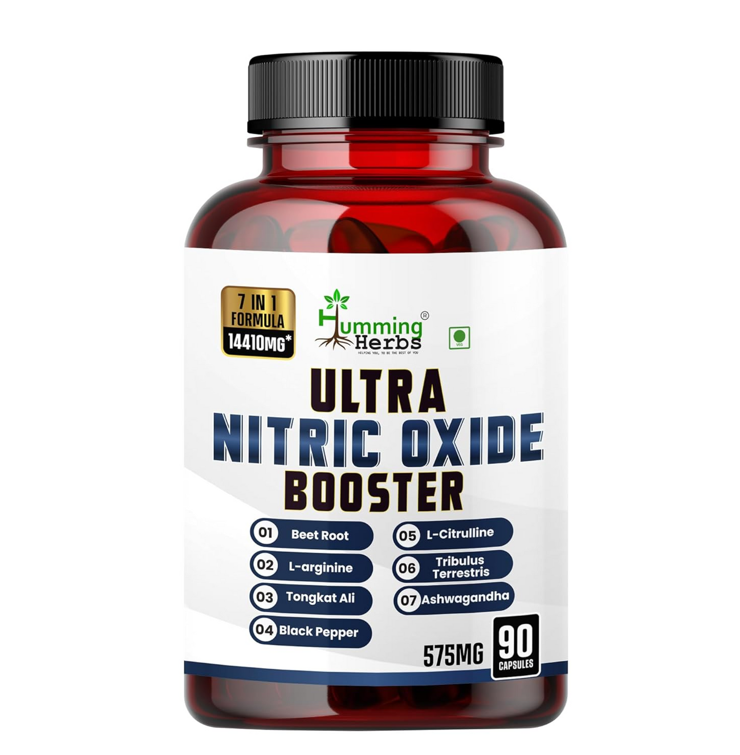 Humming Herbs ULTRA NITRIC BOOSTER - 7in1 | Beet Root, L-Arginine, Tongkat Ali, Black Pepper, L-Citrulline, Tribulus Terrestris & Ashwagandha - Enhance Energy, Performance, and Stamina - 90 Cap