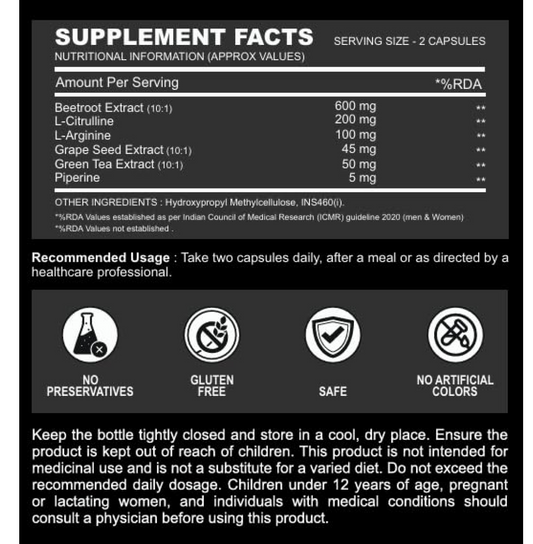 FOREST HARVEST Nitric Oxide Supplement for Blood Flow & Stamina | Beetroot 10X (6000 mg Equivalent) with L-Citrulline, L-Arginine, Grape Seed Extract, Green Tea Extract & Piperine | Supports Energy, Endurance, Blood Flow & Performance | 100 Capsules