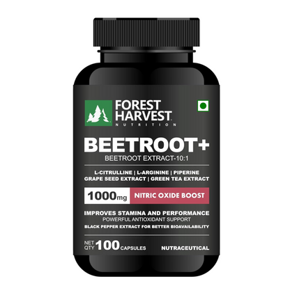 FOREST HARVEST Nitric Oxide Supplement for Blood Flow & Stamina | Beetroot 10X (6000 mg Equivalent) with L-Citrulline, L-Arginine, Grape Seed Extract, Green Tea Extract & Piperine | Supports Energy, Endurance, Blood Flow & Performance | 100 Capsules