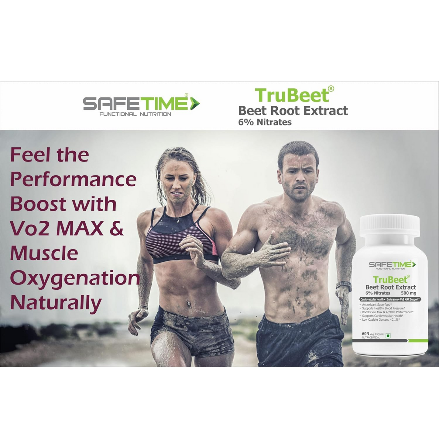 SAFETIME TRUBEET BEET ROOT 6% NITRATES Cardiovascular Health, VO2 MAX, Sports Perforamance & Endurance (60 Veg Capsules) (Pack of 1)