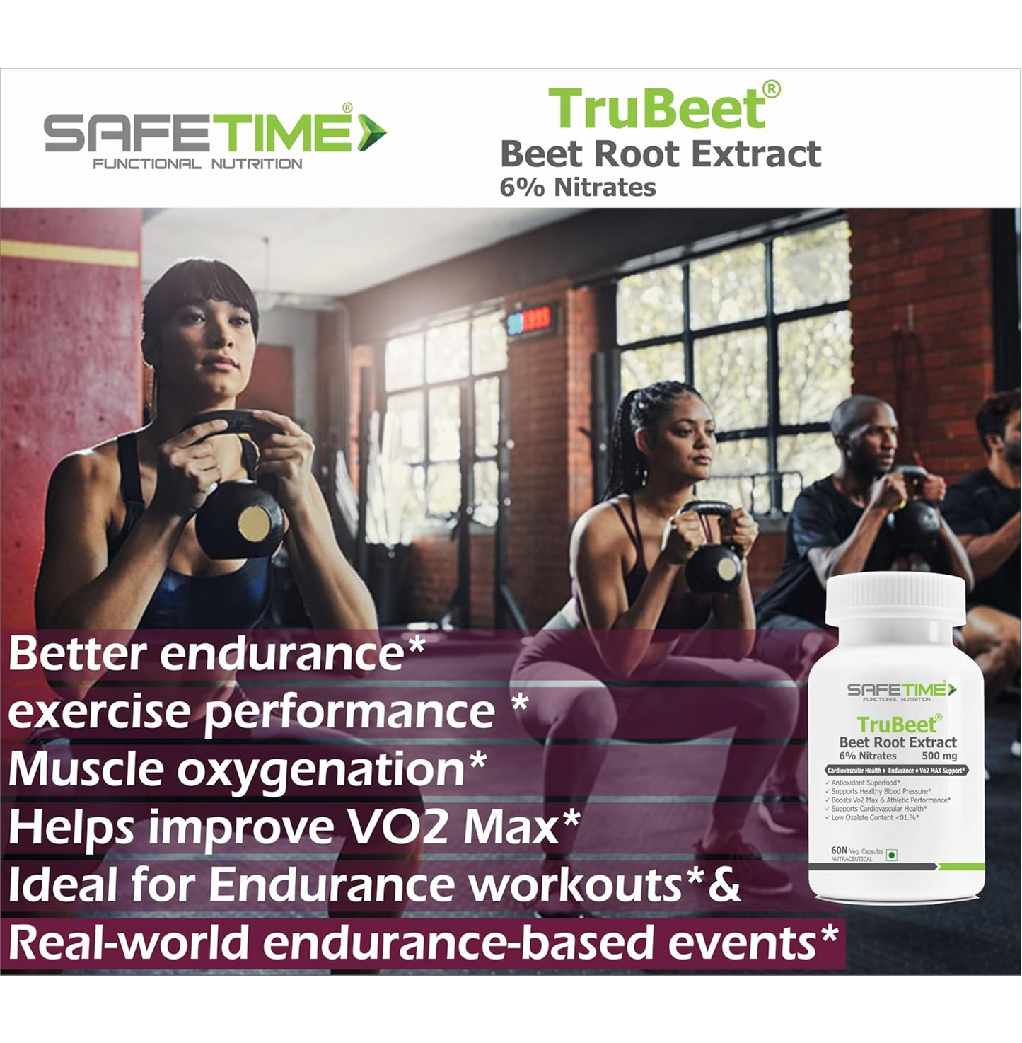 SAFETIME TRUBEET BEET ROOT 6% NITRATES Cardiovascular Health, VO2 MAX, Sports Perforamance & Endurance (60 Veg Capsules) (Pack of 1)