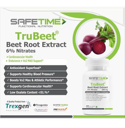 SAFETIME TRUBEET BEET ROOT 6% NITRATES Cardiovascular Health, VO2 MAX, Sports Perforamance & Endurance (60 Veg Capsules) (Pack of 1)
