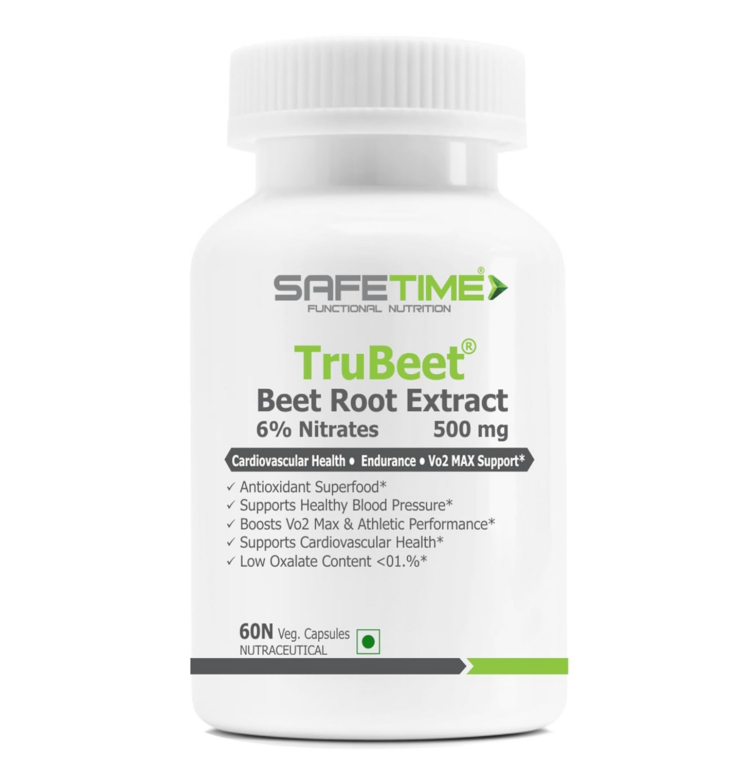 SAFETIME TRUBEET BEET ROOT 6% NITRATES Cardiovascular Health, VO2 MAX, Sports Perforamance & Endurance (60 Veg Capsules) (Pack of 1)