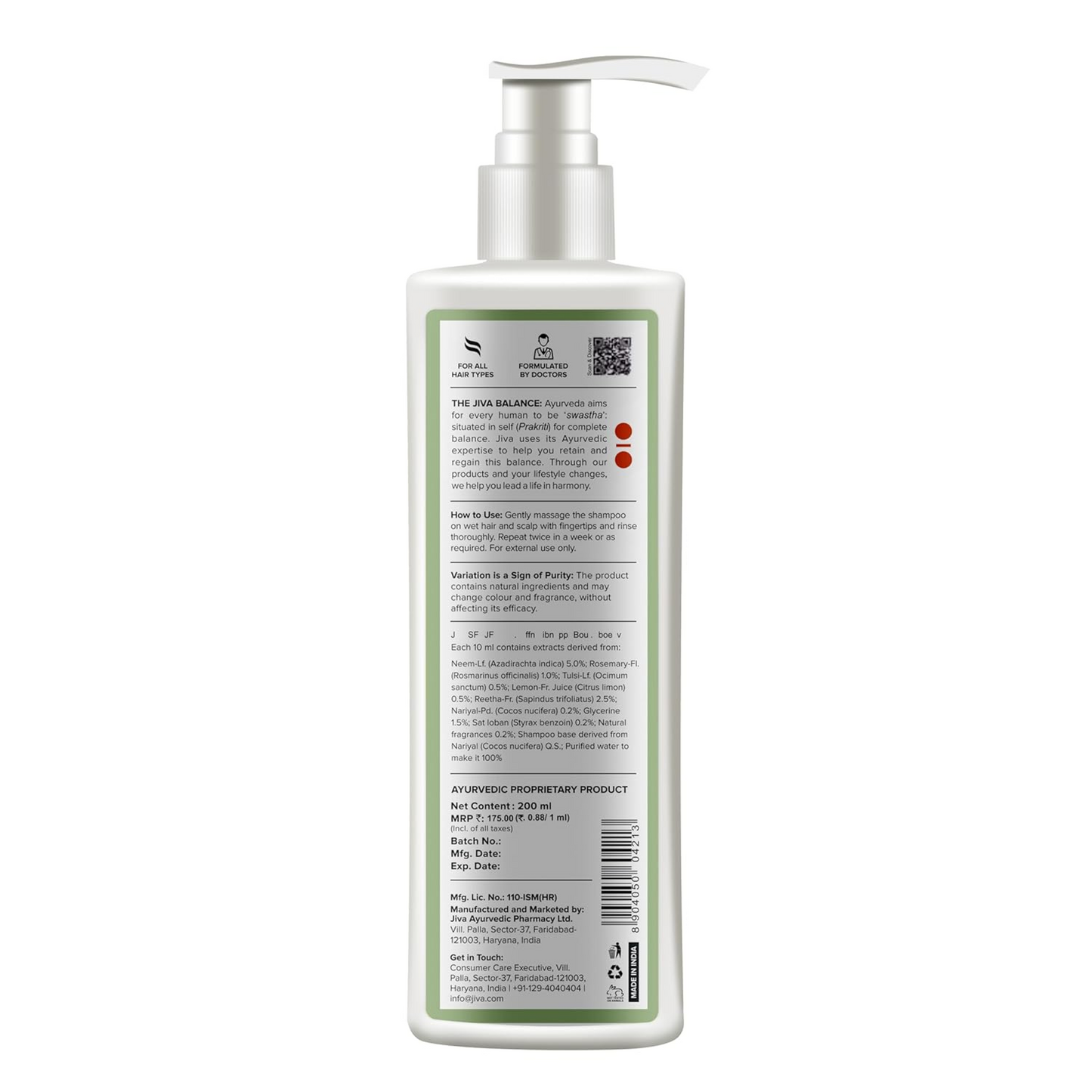Jiva Neem Shampoo 200ml | 100% Pure & Natural | Removes Impurities, Nourishes Hair, And Prevents Dandruff | Antifungal & Antibacterial | Pacifies Pitta & Kapha Doshas