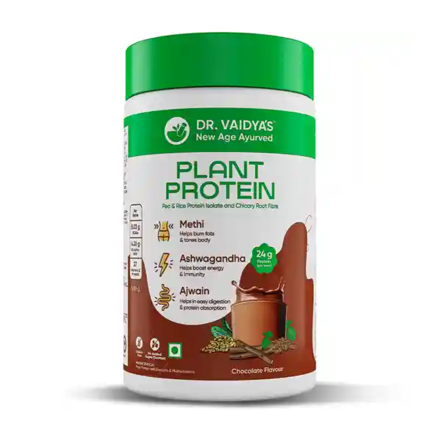 Dr. Vaidyaâ€™s Plant Protein Powder | Ayurvedic Pea Protein with Ashwagandha, Methi & Ajwain | 25g Protein per Serving | Muscle Gain, Energy & Weight Loss | 500g Chocolate Flavour