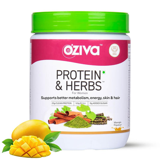 OZiva Protein & Herbs for Women (Mango) I Manage Weight, Energy & Metabolism | Clean Protein, Shatavari, Green Tea I No Added Sugar, 1lbs (453gm)