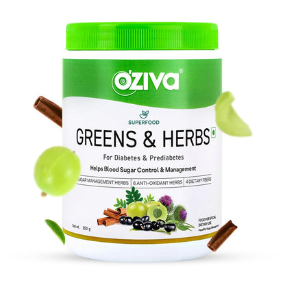 OZiva Superfood Greens & Herbs for Diabetes and Prediabetes Powder, 200g| OZiva Greens & Herbs for Sugar Control and Diabetes Management (with Moringa, Milk Thistle, and Fenugreek)