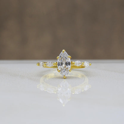 Marquise Moissanite Engagement Ring, 14K Gold Hidden Halo, Promise Ring