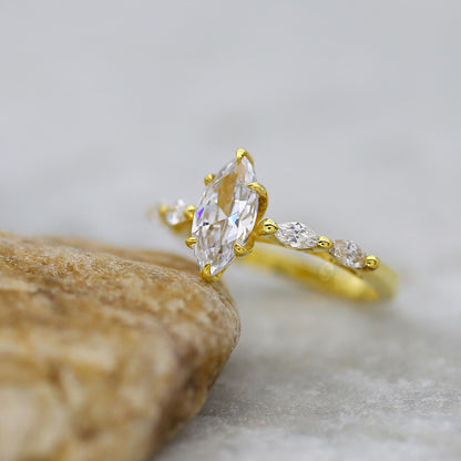 Marquise Moissanite Engagement Ring, 14K Gold Hidden Halo, Promise Ring