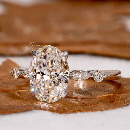 2.00Ct Oval Cut Lab Grown Diamond Engagement Ring,Side Marquise and Round Diamonds,Wedding Ring For Her,5 Stone Ring,Anniversary Ring